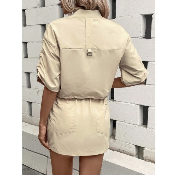 Casual Flap Pocket Drawstring Hem Jacket & Skirt Khaki - Picture 3 of 9